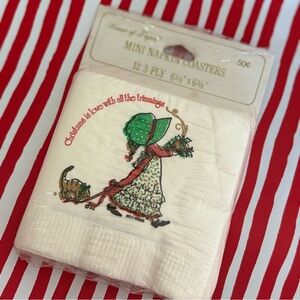 70's Holly Hobbie Mini Napkin Coasters - NEW - 12 - Christmas Serving - Drinks